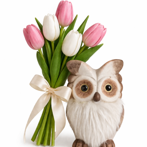 Gufo decorativo con composizione floreale